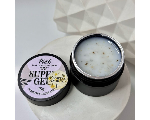 Pink Super Gel Flowers in Milk №01, 15g - молочний гель з жовтими сухоцвітами