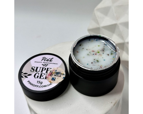 Pink Super Gel Flowers in Milk №3, 15g - молочний гель з різнобарвними сухоцвітами