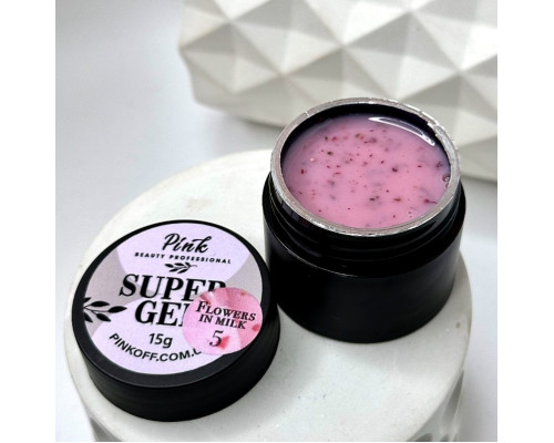 Pink Super Gel Flowers in Milk №5, 15g - рожевий гель з рожевими сухоцвітами